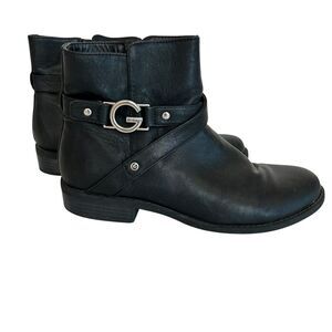 Womens G By Guess 8.5 Black Ankle Bootie Boots Faux Leather Logo Side Zipper